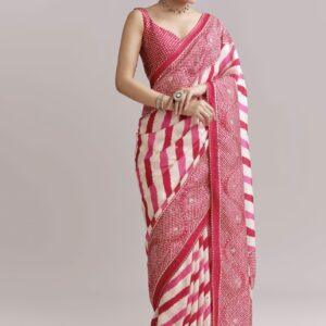 White And Pink Silk Saree With Lehariya And Bandhani Print