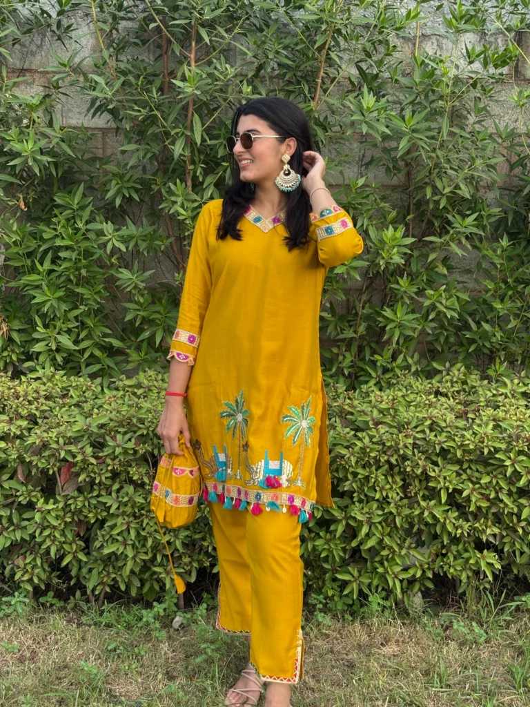 Bright Yellow suit Embroidered Co-Ord Set with Bag
