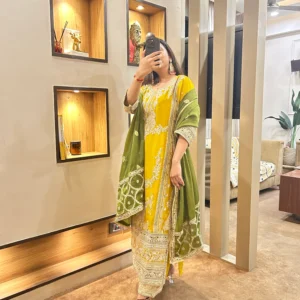 Elegant Yellow & Green Chinon Embroidered Suit
