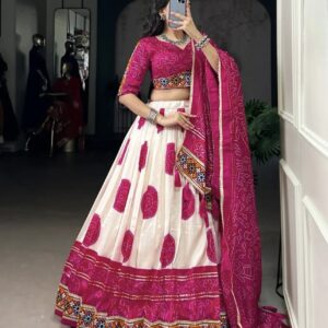 Lehenga Fabric : Tasar Silk -Bandhej Print And Gamthi Work With Lace Touch Up