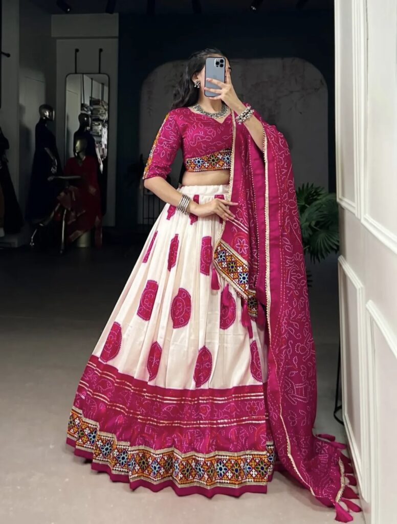 Lehenga Fabric : Tasar Silk -Bandhej Print And Gamthi Work With Lace Touch Up