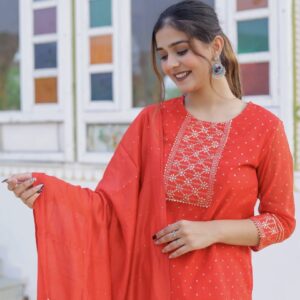 RADIANT RED FESTIVE WEAR KURTA SHARARA DUPATTA SET