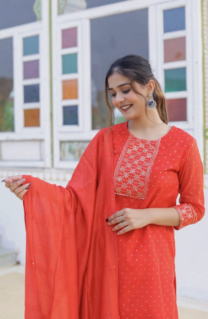 RADIANT RED FESTIVE WEAR KURTA SHARARA DUPATTA SET