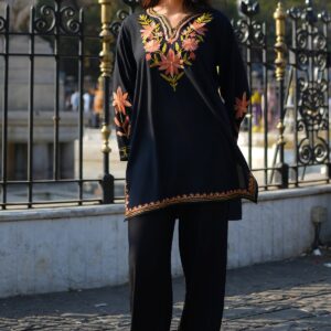 Cotton Kashmiri Aari Embroidered Short Kurta - Black