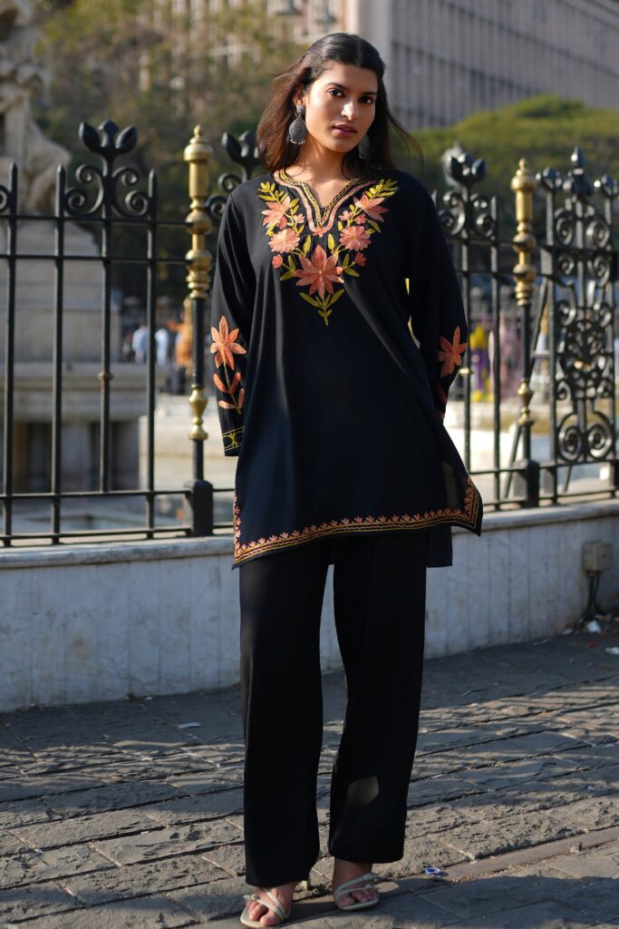 Cotton Kashmiri Aari Embroidered Short Kurta - Black