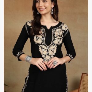 Women's Floral Embroidered Kashmiri Gold Aari Work Liva Straight Kurti