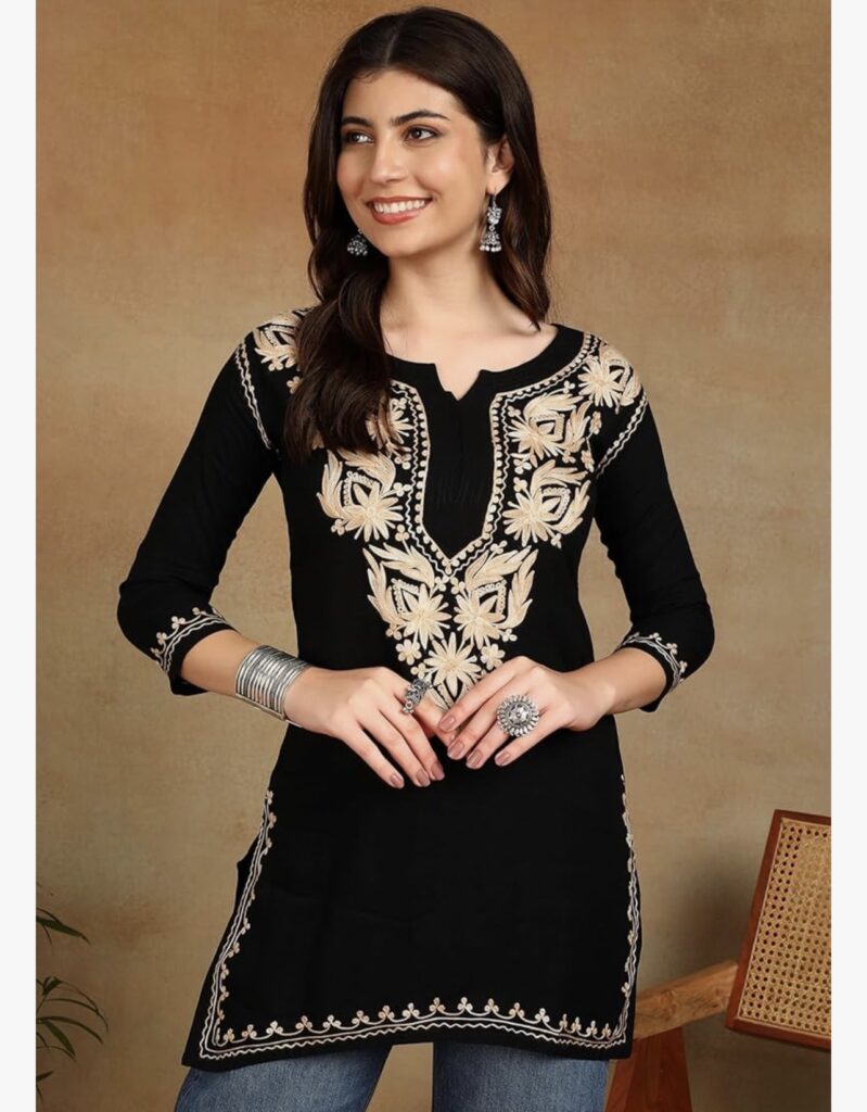 Women's Floral Embroidered Kashmiri Gold Aari Work Liva Straight Kurti